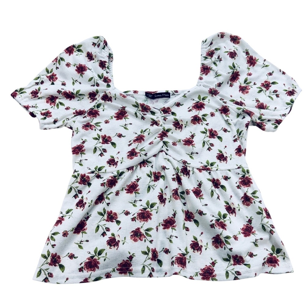 Luna Moon Floral Ribbed Peplum Sweetheart Top Women Medium White Red